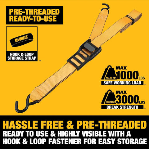 DEWALT DXBC90044 Black/Yellow 2” x 10’ Cam-Buckle Straps - 1,000 LBS Safe Working Load / 3,000 LBS Break Strength, 2 Pack
