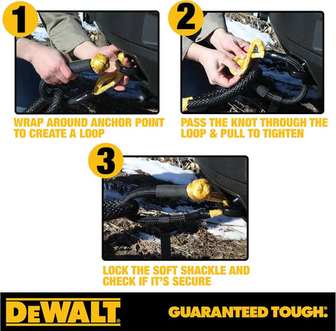 DEWALT DXBC90007 Black/Yellow 3/8” x 24" Kinetic Soft Shackle with 6" Loop - 10,833 lb Safe Working Load / 32,500 lb Break Strength