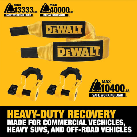 DEWALT DXBC8000-3KIT Heavy Duty Recovery Kit with 3/4" Bow Shackle and 4" x 30' Recovery Tow Strap (40,000 lb Break Strength) - Towing, Winching, Vehicle Recovery