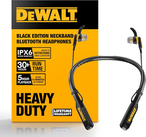 DEWALT Heavy Duty Magnetic Bluetooth Neckband Headphones, Wireless Around the Neck Earbuds w/30H Runtime+Noise Isolation, HandsFree Magnetic Wireless Earphones w/Mic Bluetooth Headsets - Black Edition
