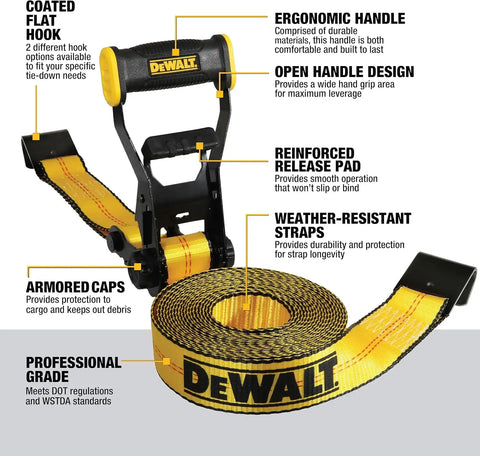 DEWALT DXBC10000F-6PK Black/Yellow 2" x 27' Ratchet Tie Down Strap with Flat Hooks - Heavy-Duty Cargo Hauling (10,000 lb Break Strength), 6 Pack