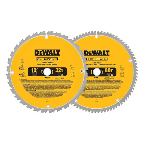 DEWALT 12-Inch Miter Saw Blade, Crosscutting, Tungsten Carbide, 80-Tooth and 32-Tooth, 2-Pack (DW3128P5, DW3123), yellow