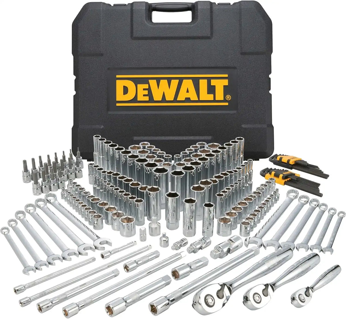 DEWALT Mechanics Tools Kit and Socket Set, 204-Piece Dewalt Tool Set, 1/4" & 3/8" & 1/2" Drive, Metric/SAE Deep and Shallow Sockets, 3/8" Hex Bits, Torx Bits, Spark Plugs, Wrenches (DWMT72165)