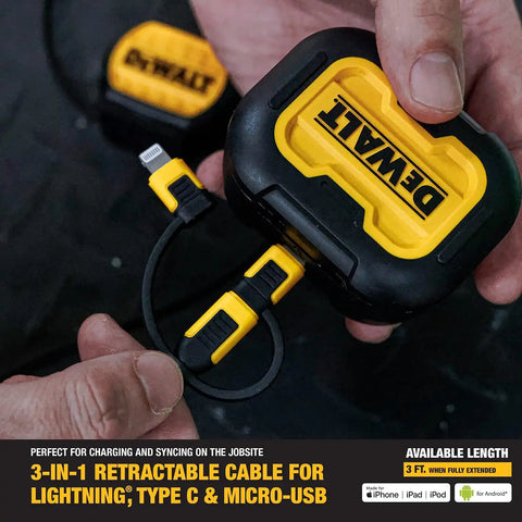 DEWALT Heavy Duty 3 in 1 Retractable Multi Charging Cord, 3ft Fast Charger Cord, Multi Charger Adapter with Lightning/Type C/Micro USB Port for iPhones/Samsung Galaxy/PS/Tablets/More