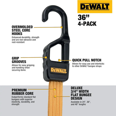 DEWALT DXBC301436 Black/Yellow 36” Premium Flat Bungee Straps, 4 Pack