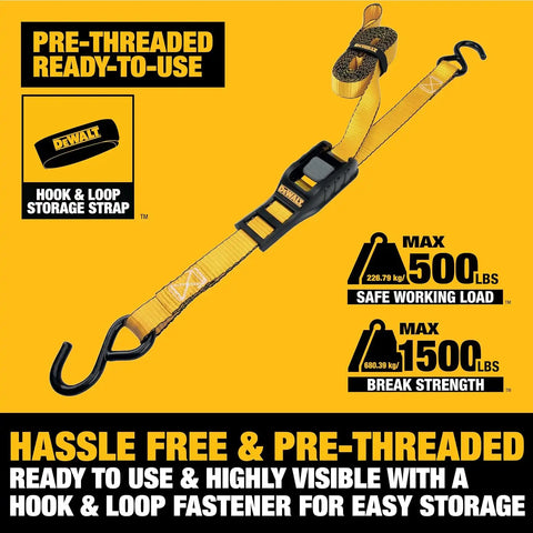 DEWALT DXBC90042 Black/Yellow 1” x 12’ Cam-Buckle Straps - 500 LBS Safe Working Load / 1,500 LBS Break Strength, 2 Pack