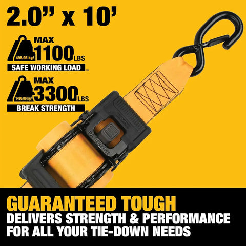 DEWALT DXBC9002 Black/Yellow 2” x 10’ Auto Retractable Ratchet Straps - 1,100 lb Safe Working Load / 3,300 lb Break Strength, 2 Pack