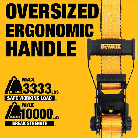 DEWALT DXBC10000F-6PK Black/Yellow 2" x 27' Ratchet Tie Down Strap with Flat Hooks - Heavy-Duty Cargo Hauling (10,000 lb Break Strength), 6 Pack