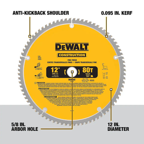 DEWALT 12-Inch Miter Saw Blade, Crosscutting, Tungsten Carbide, 80-Tooth and 32-Tooth, 2-Pack (DW3128P5, DW3123), yellow