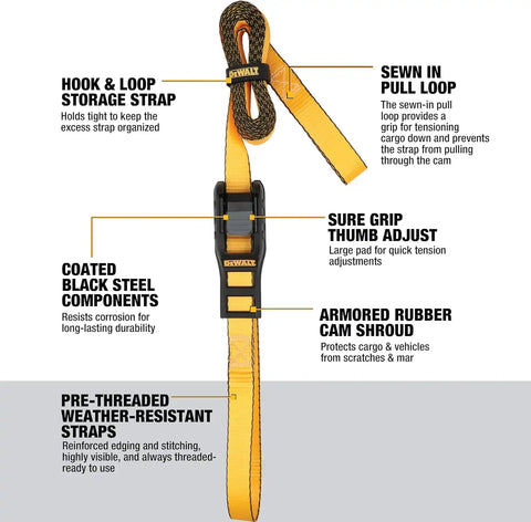 DEWALT DXBC90045 Black/Yellow 1" x 10’ Premium Lashing Straps - 500 LBS Safe Working Load / 1,500 LBS Break Strength, 2 Pack