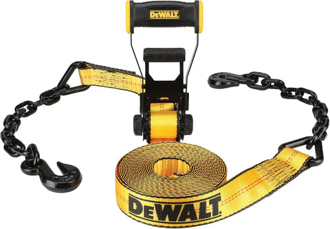 DEWALT DXBC10000C Black/Yellow 2" x 30' Ratchet Tie Down Strap with 18" Chain and Steel Hooks - 3,333 lb Safe Working Load / 10,000 lb Break Strength