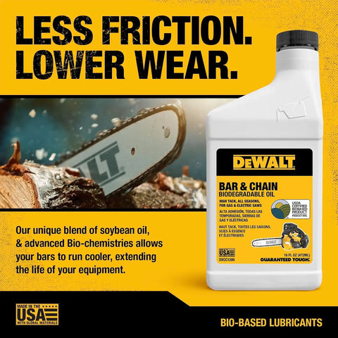 DEWALT – Biodegradable Bar & Chain Oil – Green, Eco-Friendly, Non-Toxic Professional Bar & Chainsaw Lubricant – Ultraclean All-Season Oil for Gas, Electric Saw, & Pole Saw, 16 oz (Case of 24)