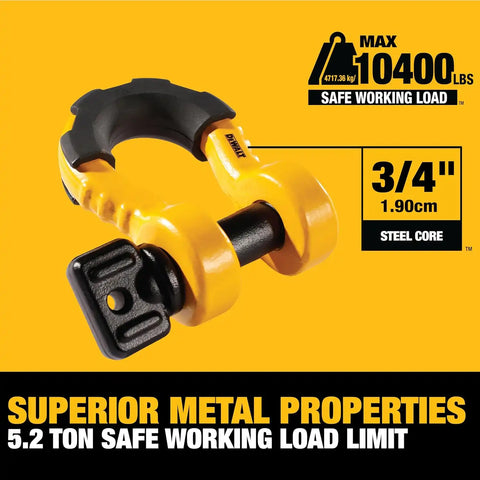 DEWALT DXBC8000 Black/Yellow 3/4" Bow Shackle with 7/8" Pin (10,400 lb Work Strength) - Towing, Winching, Vehicle Recovery