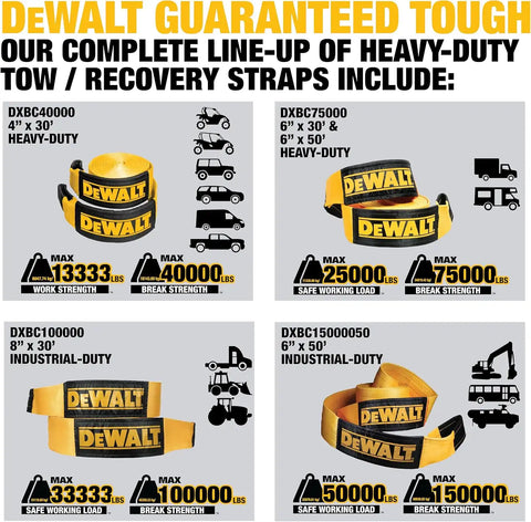 DEWALT DXBC200000 Black/Yellow 8” x 30’ Tow and Recovery Strap with Looped Ends - 2-Ply / 66,666 LBS Safe Working Load / 200,000 LBS Break Strength
