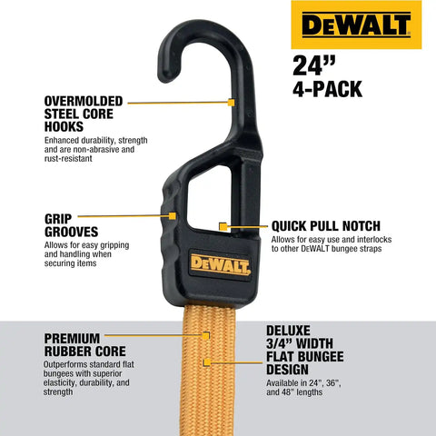 DEWALT DXBC301424 Black/Yellow 24” Premium Flat Bungee Straps, 4 Pack