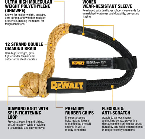 DEWALT DXBC90007 Black/Yellow 3/8” x 24" Kinetic Soft Shackle with 6" Loop - 10,833 lb Safe Working Load / 32,500 lb Break Strength