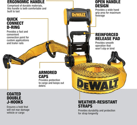 DEWALT DXBC50002 Black/Yellow 1.5" x 16' Ratchet Tie Down Straps - Heavy-Duty Cargo Hauling (5000 lb Break Strength), 2 Pack