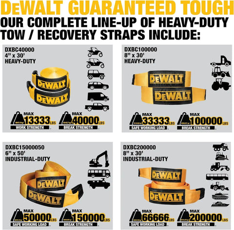 DEWALT DXBC75000 Black/Yellow 6" x 30' Tow and Recovery Strap with Looped Ends - 2-Ply / 25,000 lb Safe Working Load / 75,000 lb Break Strength