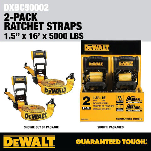 DEWALT DXBC50002 Black/Yellow 1.5" x 16' Ratchet Tie Down Straps - Heavy-Duty Cargo Hauling (5000 lb Break Strength), 2 Pack