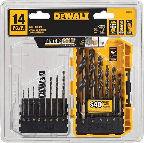 DEWALT Drill Bit Set, 3-Flats Shank,14-Piece, 135 Degree Split Point, for Plastic, Wood and Metal (DWA1184)