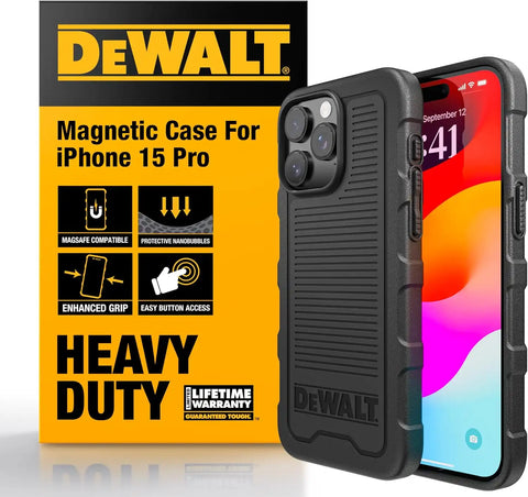 DEWALT Heavy Duty Strong Magnetic for iPhone 15 Pro Case Fits MagSafe, Drop Resistant Impact Protective Back Cover, Shockproof Slim Fit for iPhone 15 Pro Phone Case, Matte Black