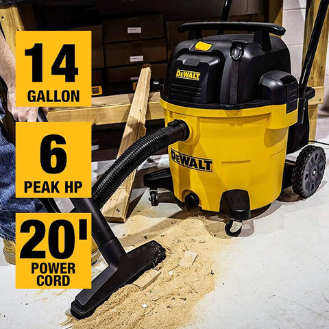 DEWALT DXV14P Shop Vacuum Wet/Dry 14 Gallon, 6 HP Wet/Dry Vac with 110 CFM Powerful Suction, Yellow