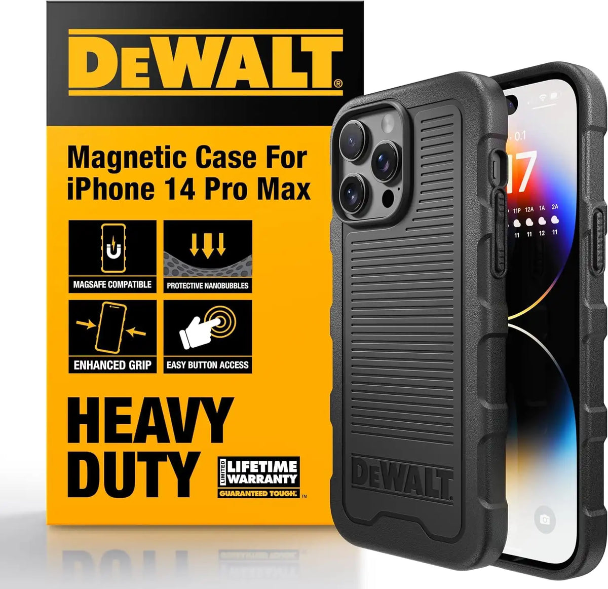 DEWALT Heavy Duty Strong Magnetic for iPhone 14 Pro Max Case Fits MagSafe, Drop Resistant Impact Protective Back Cover, Shockproof Slim Fit for iPhone 14 Pro Max Phone Case, Matte Black