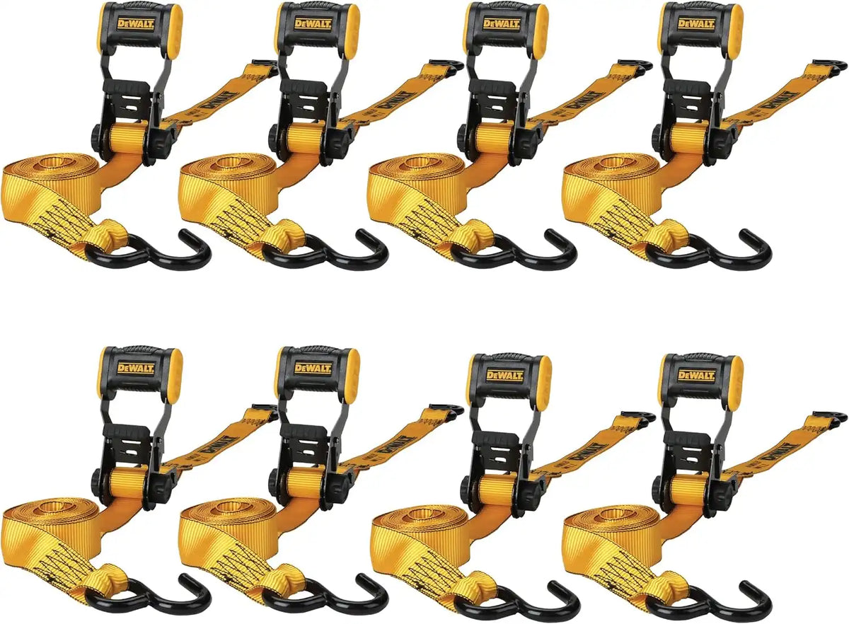 DEWALT DXBC18002-8PK Black/Yellow 1.25" x 12' Ratchet Tie Down Straps - Light-Weight Cargo Hauling (1800 lb Break Strength), 8 Pack