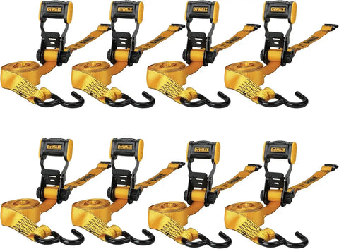 DEWALT DXBC18002-8PK Black/Yellow 1.25" x 12' Ratchet Tie Down Straps - Light-Weight Cargo Hauling (1800 lb Break Strength), 8 Pack