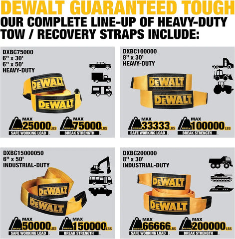 DEWALT DXBC40000 Black/Yellow 4" x 30' Recovery Tow Strap - 13,333 lb Safe Working Load / 40,000 lb Break Strength