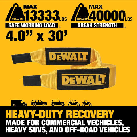 DEWALT DXBC40000 Black/Yellow 4" x 30' Recovery Tow Strap - 13,333 lb Safe Working Load / 40,000 lb Break Strength