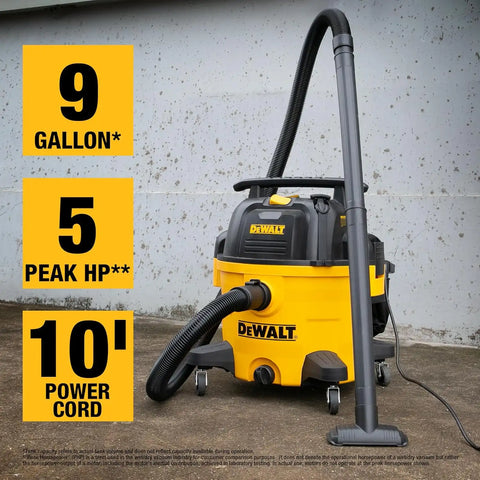 DEWALT Wet and Dry Vacuum 9 Gallon Poly Wet/Dry Vac Yellow Shop Vacuum 5 HP Strong Suction for Jobsite, Workshop 3 in 1 Multi Functions Model: DXV09P
