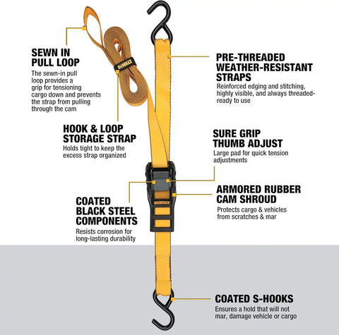 DEWALT DXBC90043 Black/Yellow 1.25” x 14’ Cam-Buckle Straps - 670 LBS Safe Working Load / 2,000 LBS Break Strength, 2 Pack