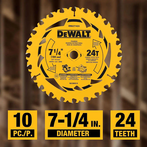 DEWALT 7 1/4 Circular Saw Blade, 10 Pc. Pack, 24 Teeth 5/8 in Arbor Size, Tungsten Carbide Tipped Saw Blades (DWA271424B10)