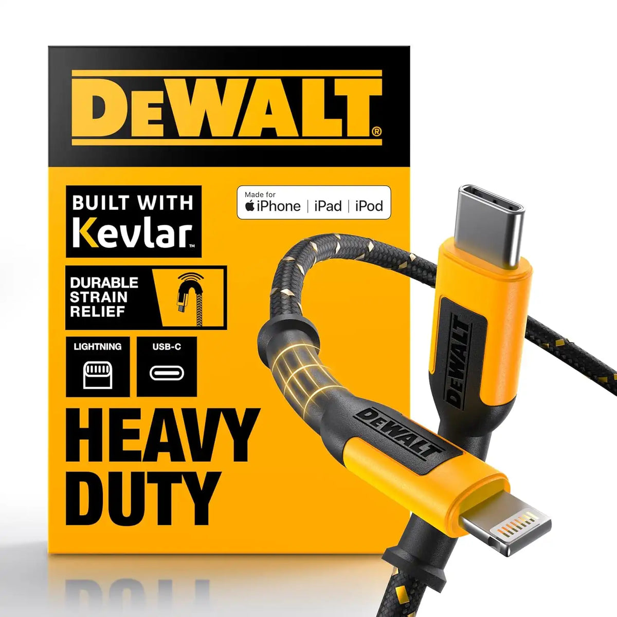 DEWALT Heavy Duty USB C to Lightning Cable [Apple MFi Certified] Durable iPhone Charger, Lightning Cables, Fast Charging iPhone Charger Cord Compatible w/iPhones 14/13/12/11 Pro Max iPad AirPods, 6FT