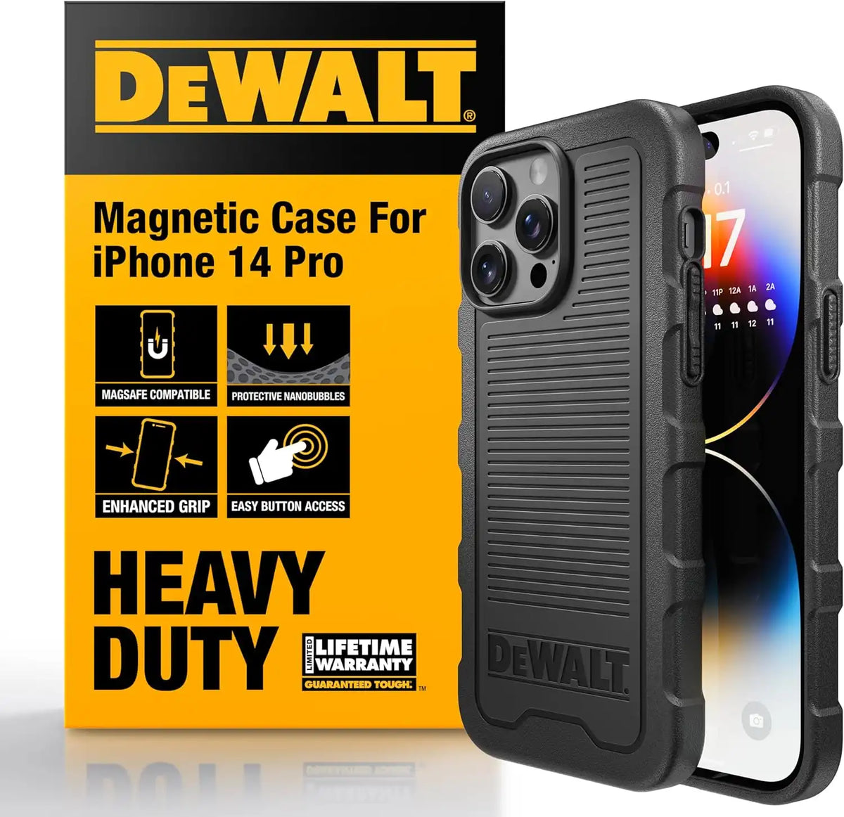DEWALT Heavy Duty Strong Magnetic for iPhone 14 Pro Case Fits MagSafe, Drop Resistant Impact Protective Back Cover, Shockproof Slim Fit for iPhone 14 Pro Phone Case, Matte Black