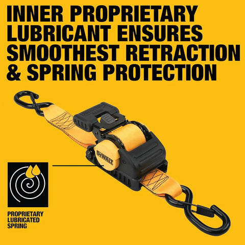 DEWALT DXBC9002 Black/Yellow 2” x 10’ Auto Retractable Ratchet Straps - 1,100 lb Safe Working Load / 3,300 lb Break Strength, 2 Pack