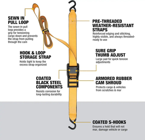 DEWALT DXBC90044 Black/Yellow 2” x 10’ Cam-Buckle Straps - 1,000 LBS Safe Working Load / 3,000 LBS Break Strength, 2 Pack