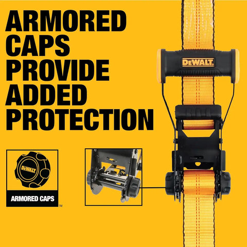 DEWALT DXBC10000J-6PK Black/Yellow 2" x 27' Ratchet Tie Down Straps with Double J-Hooks - Heavy-Duty Cargo Hauling (10,000 lb Break Strength), 6 Pack