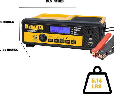 DEWALT DXAEC801B 30 Amp Bench Battery Charger: 80 Amp Engine Start, 2 Amp Maintainer, 120V AC Outlet, 3.1A USB Port, Battery Clamps