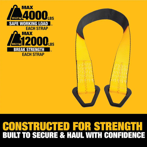 DEWALT DXBC80005 Black/Yellow 2" x 38" Premium Axle Tie Down Strap Kit (12,000 lb Break Strength) - Heavy Duty Protective for Truck, Trailer, ATV, UTV, 4 Pack