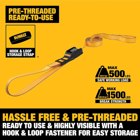 DEWALT DXBC90045 Black/Yellow 1" x 10’ Premium Lashing Straps - 500 LBS Safe Working Load / 1,500 LBS Break Strength, 2 Pack