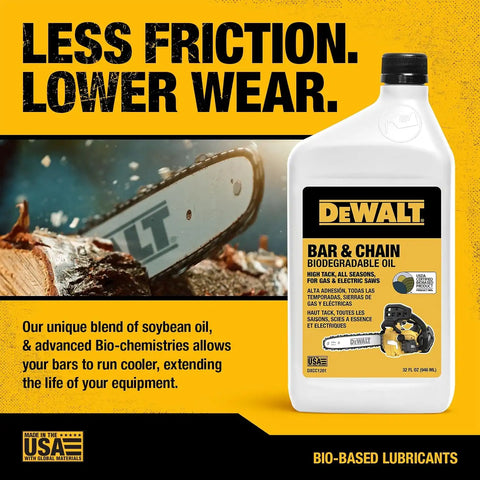 DEWALT – Biodegradable Bar & Chain Oil – Green, Eco-Friendly, Non-Toxic Professional Bar & Chainsaw Lubricant – Ultraclean All-Season Oil for Gas, Electric Saw, and Pole Saw, 32 oz (Case of 12)