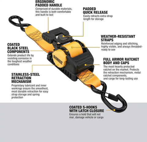 DEWALT DXBC9002 Black/Yellow 2” x 10’ Auto Retractable Ratchet Straps - 1,100 lb Safe Working Load / 3,300 lb Break Strength, 2 Pack