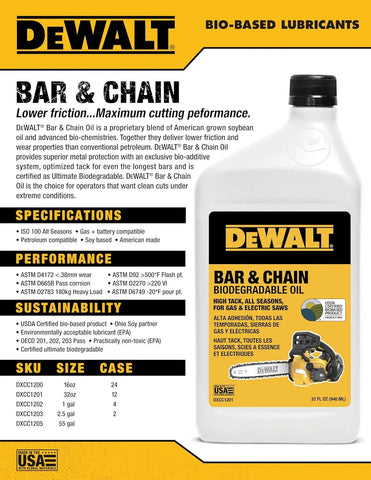 DEWALT – Biodegradable Bar & Chain Oil – Green, Eco-Friendly, Non-Toxic Professional Bar & Chainsaw Lubricant – Ultraclean All-Season Oil for Gas, Electric Saw, and Pole Saw, 32 oz