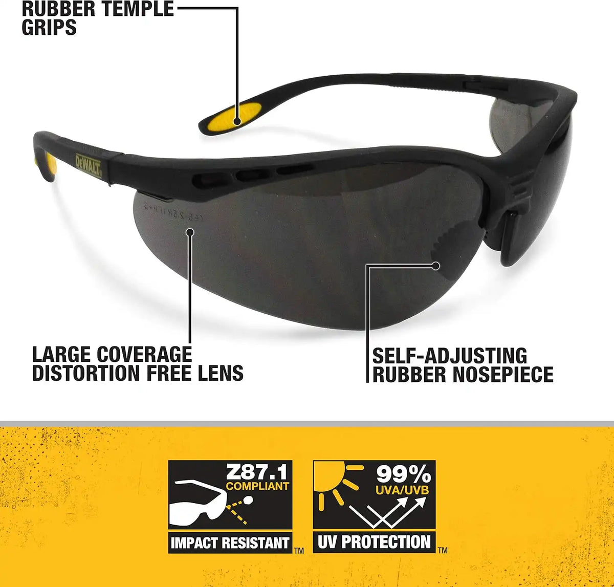 Dewalt DPG58-2C Reinforcer Smoke Lens High Performance Protective Safety Glasses with Rubber Temples
