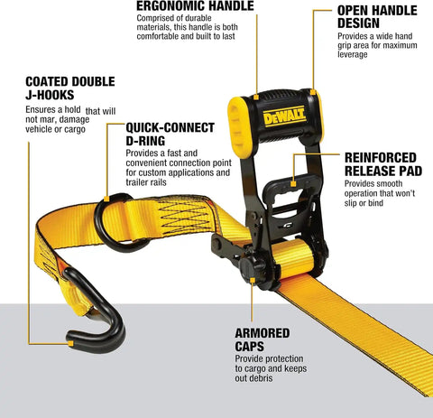 DEWALT DXBC33002 Black/Yellow 1.5" x 16' Ratchet Tie Down Straps - Mid-Weight Cargo Hauling (3300 lb Break Strength), 2 Pack