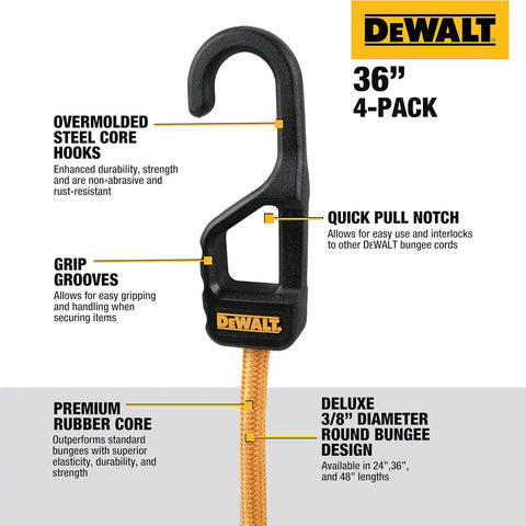 DEWALT DXBC300364 Black/Yellow 36" Premium Heavy-Duty Bungee Cords, 4 Pack