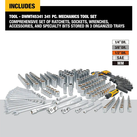 DEWALT Mechanics Tool Set, 1/4", 3/8", 1/2" Drive Tools and Combo Wrenches, 341 Piece (DWMT45341)