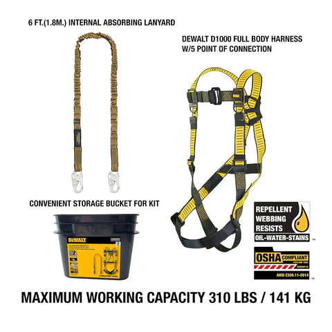 DEWALT Fall protection compliance kit with, D1000 harness, 5 Point Adjustment with Pass-Thru Chest and Leg Buckles